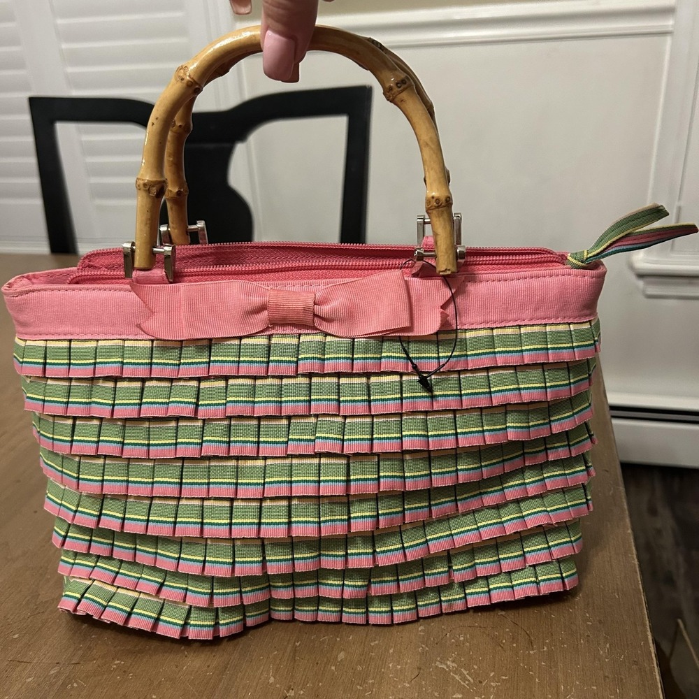 Braciano Top Handle Bag Womens‎ Small Pink Striped Pleated Bamboo Bow Purse